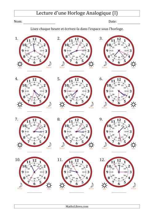 Lecture de l'Heure sur Une Horloge Analogique utilisant le système horaire sur 24 heures avec 1 Secondes d'Intervalle (12 Horloges) (I)