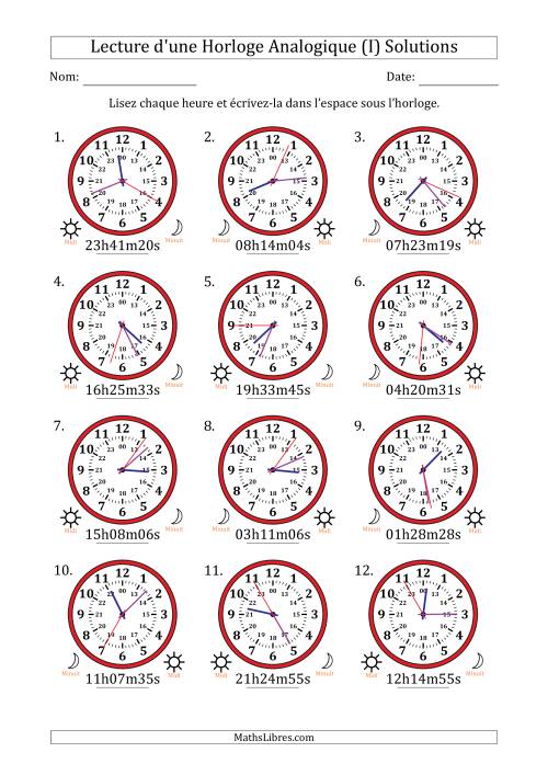 Lecture de l'Heure sur Une Horloge Analogique utilisant le système horaire sur 24 heures avec 1 Secondes d'Intervalle (12 Horloges) (I) page 2