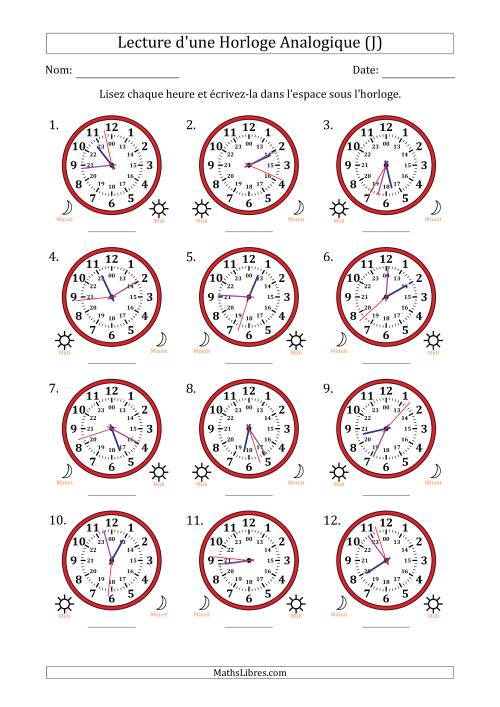 Lecture de l'Heure sur Une Horloge Analogique utilisant le système horaire sur 24 heures avec 1 Secondes d'Intervalle (12 Horloges) (J)