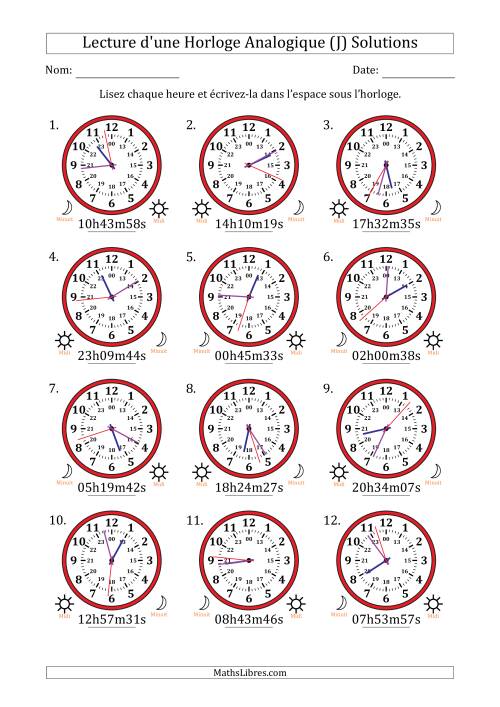 Lecture de l'Heure sur Une Horloge Analogique utilisant le système horaire sur 24 heures avec 1 Secondes d'Intervalle (12 Horloges) (J) page 2