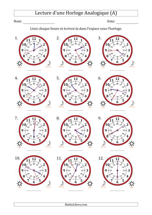 Lecture de l'Heure sur Une Horloge Analogique utilisant le système horaire sur 24 heures avec 1 Secondes d'Intervalle (12 Horloges) (Tout)