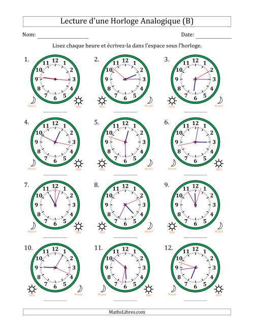 Lecture de l'Heure sur Une Horloge Analogique utilisant le système horaire sur 12 heures avec 1 Secondes d'Intervalle (12 Horloges) (B)