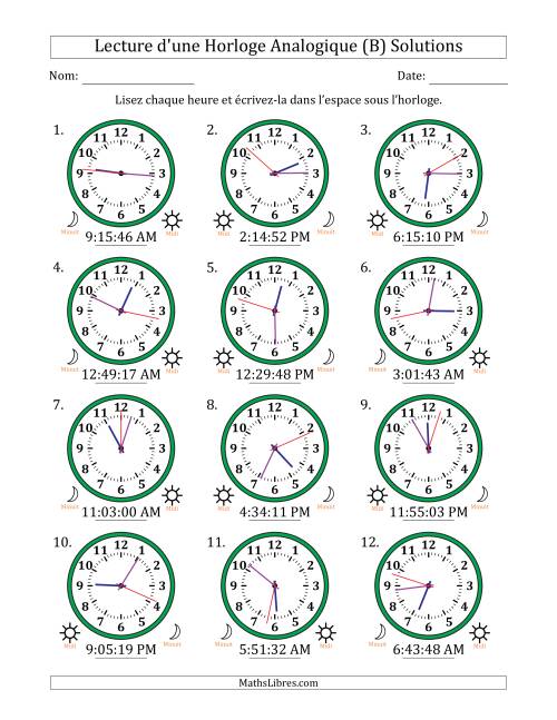 Lecture de l'Heure sur Une Horloge Analogique utilisant le système horaire sur 12 heures avec 1 Secondes d'Intervalle (12 Horloges) (B) page 2