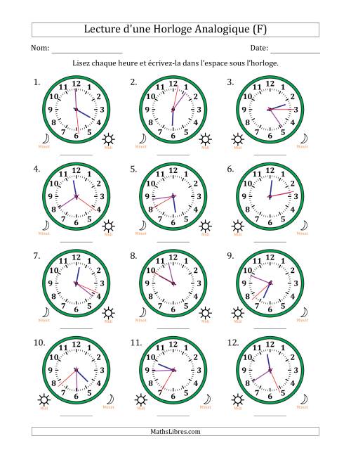 Lecture de l'Heure sur Une Horloge Analogique utilisant le système horaire sur 12 heures avec 1 Secondes d'Intervalle (12 Horloges) (F)