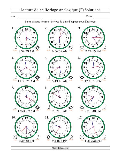 Lecture de l'Heure sur Une Horloge Analogique utilisant le système horaire sur 12 heures avec 1 Secondes d'Intervalle (12 Horloges) (F) page 2