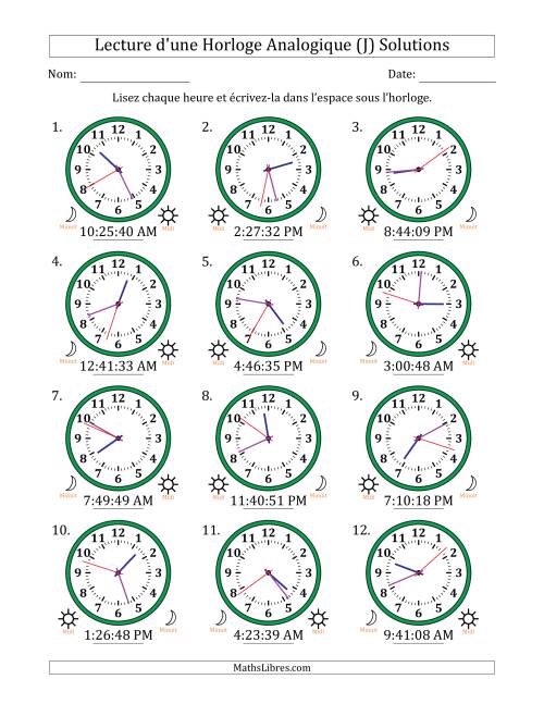 Lecture de l'Heure sur Une Horloge Analogique utilisant le système horaire sur 12 heures avec 1 Secondes d'Intervalle (12 Horloges) (J) page 2