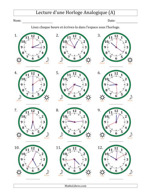 Lecture de l'Heure sur Une Horloge Analogique utilisant le système horaire sur 12 heures avec 1 Secondes d'Intervalle (12 Horloges) (Tout)