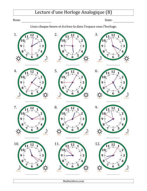 Lecture de l'Heure sur Une Horloge Analogique utilisant le système horaire sur 12 heures avec 5 Secondes d'Intervalle (12 Horloges) (B)