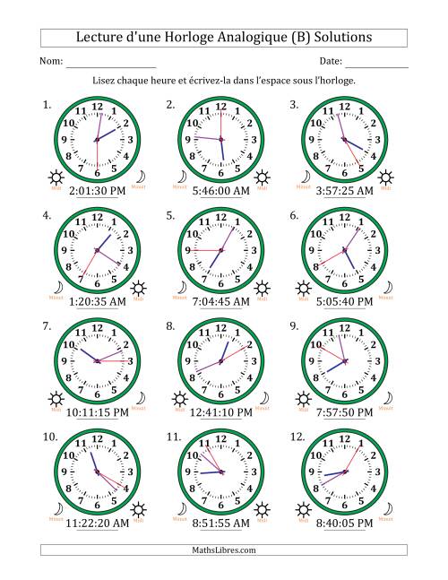 Lecture de l'Heure sur Une Horloge Analogique utilisant le système horaire sur 12 heures avec 5 Secondes d'Intervalle (12 Horloges) (B) page 2