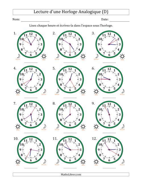 Lecture de l'Heure sur Une Horloge Analogique utilisant le système horaire sur 12 heures avec 5 Secondes d'Intervalle (12 Horloges) (D)