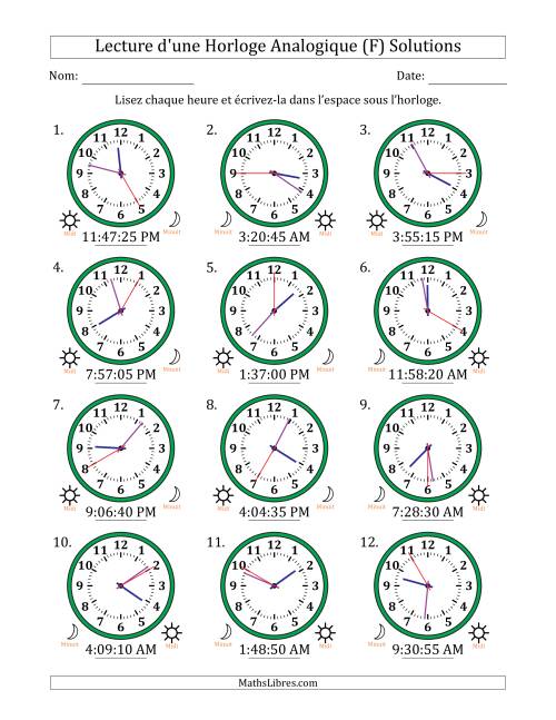 Lecture de l'Heure sur Une Horloge Analogique utilisant le système horaire sur 12 heures avec 5 Secondes d'Intervalle (12 Horloges) (F) page 2