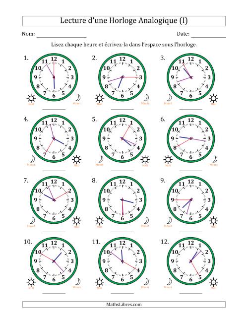 Lecture de l'Heure sur Une Horloge Analogique utilisant le système horaire sur 12 heures avec 5 Secondes d'Intervalle (12 Horloges) (I)