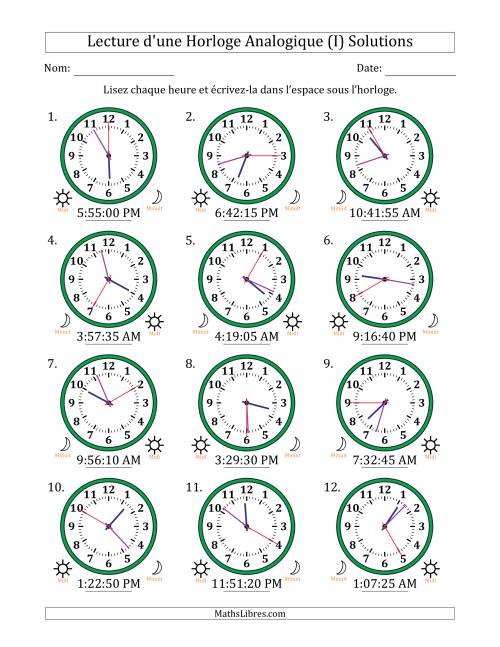 Lecture de l'Heure sur Une Horloge Analogique utilisant le système horaire sur 12 heures avec 5 Secondes d'Intervalle (12 Horloges) (I) page 2