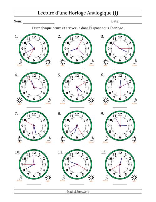 Lecture de l'Heure sur Une Horloge Analogique utilisant le système horaire sur 12 heures avec 5 Secondes d'Intervalle (12 Horloges) (J)