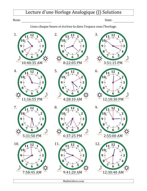 Lecture de l'Heure sur Une Horloge Analogique utilisant le système horaire sur 12 heures avec 5 Secondes d'Intervalle (12 Horloges) (J) page 2