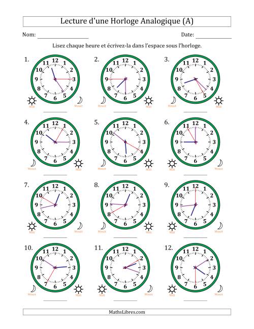 Lecture de l'Heure sur Une Horloge Analogique utilisant le système horaire sur 12 heures avec 5 Secondes d'Intervalle (12 Horloges) (Tout)