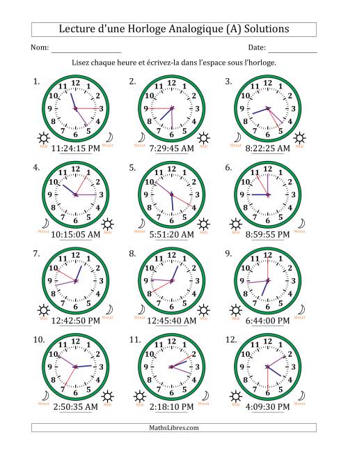 Lecture de l'Heure sur Une Horloge Analogique utilisant le système horaire sur 12 heures avec 5 Secondes d'Intervalle (12 Horloges) (Tout) page 2