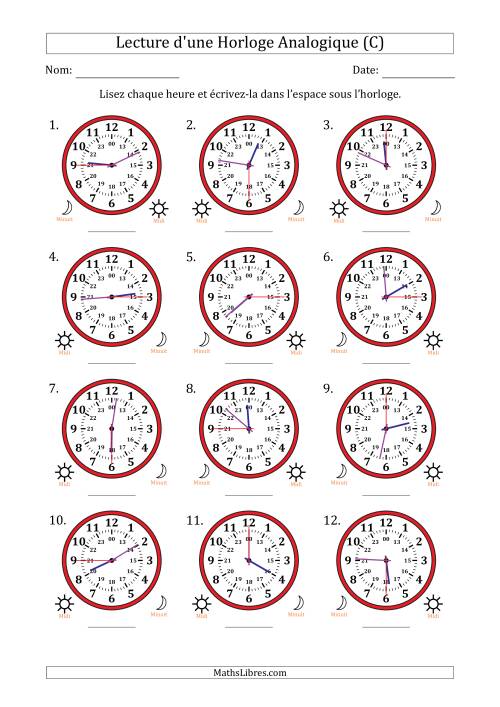 Lecture de l'Heure sur Une Horloge Analogique utilisant le système horaire sur 24 heures avec 15 Secondes d'Intervalle (12 Horloges) (C)