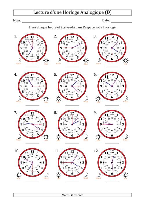 Lecture de l'Heure sur Une Horloge Analogique utilisant le système horaire sur 24 heures avec 15 Secondes d'Intervalle (12 Horloges) (D)