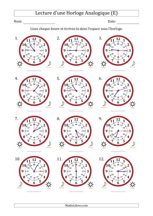 Lecture de l'Heure sur Une Horloge Analogique utilisant le système horaire sur 24 heures avec 15 Secondes d'Intervalle (12 Horloges) (E)