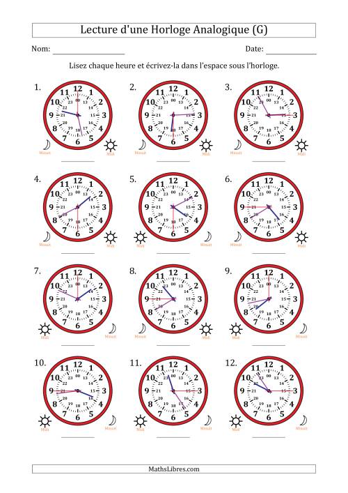 Lecture de l'Heure sur Une Horloge Analogique utilisant le système horaire sur 24 heures avec 15 Secondes d'Intervalle (12 Horloges) (G)