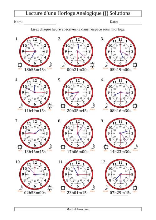 Lecture de l'Heure sur Une Horloge Analogique utilisant le système horaire sur 24 heures avec 15 Secondes d'Intervalle (12 Horloges) (J) page 2