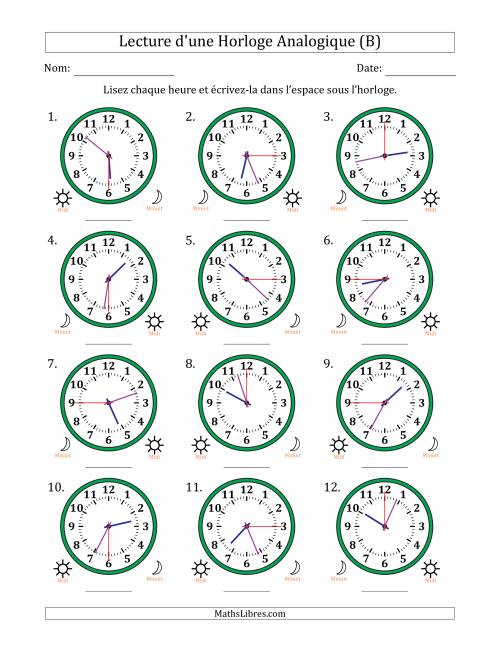 Lecture de l'Heure sur Une Horloge Analogique utilisant le système horaire sur 12 heures avec 15 Secondes d'Intervalle (12 Horloges) (B)