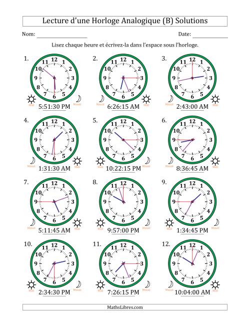 Lecture de l'Heure sur Une Horloge Analogique utilisant le système horaire sur 12 heures avec 15 Secondes d'Intervalle (12 Horloges) (B) page 2