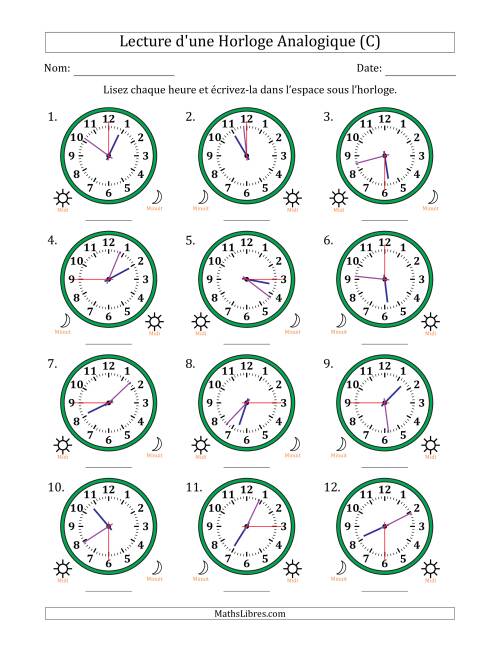 Lecture de l'Heure sur Une Horloge Analogique utilisant le système horaire sur 12 heures avec 15 Secondes d'Intervalle (12 Horloges) (C)