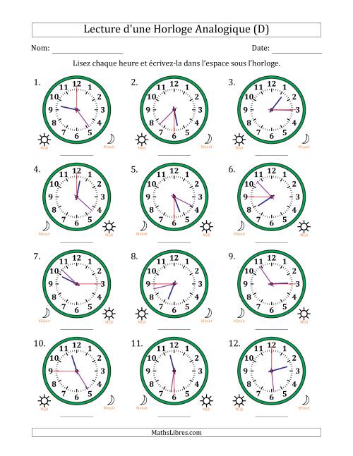 Lecture de l'Heure sur Une Horloge Analogique utilisant le système horaire sur 12 heures avec 15 Secondes d'Intervalle (12 Horloges) (D)