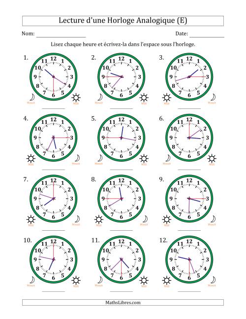 Lecture de l'Heure sur Une Horloge Analogique utilisant le système horaire sur 12 heures avec 15 Secondes d'Intervalle (12 Horloges) (E)