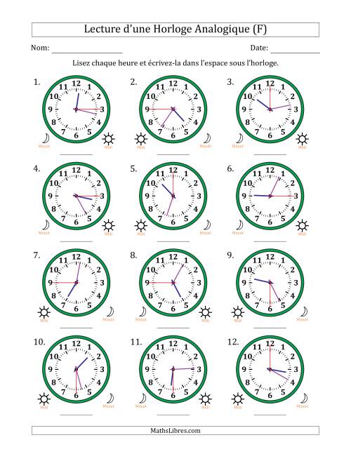 Lecture de l'Heure sur Une Horloge Analogique utilisant le système horaire sur 12 heures avec 15 Secondes d'Intervalle (12 Horloges) (F)