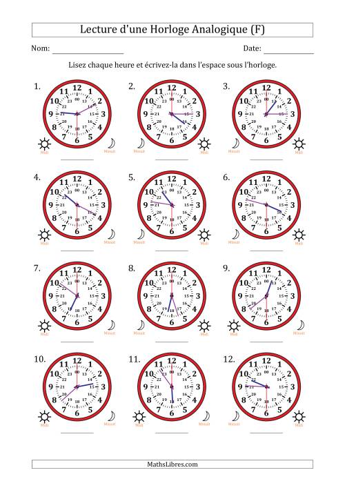 Lecture de l'Heure sur Une Horloge Analogique utilisant le système horaire sur 24 heures avec 30 Secondes d'Intervalle (12 Horloges) (F)