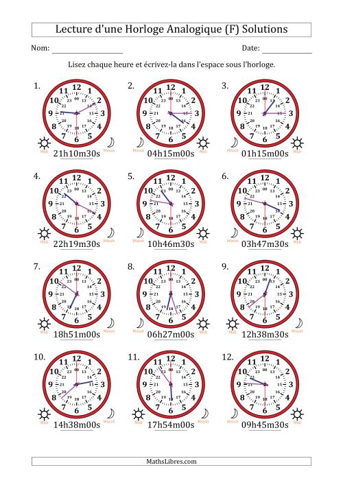 Lecture de l'Heure sur Une Horloge Analogique utilisant le système horaire sur 24 heures avec 30 Secondes d'Intervalle (12 Horloges) (F) page 2