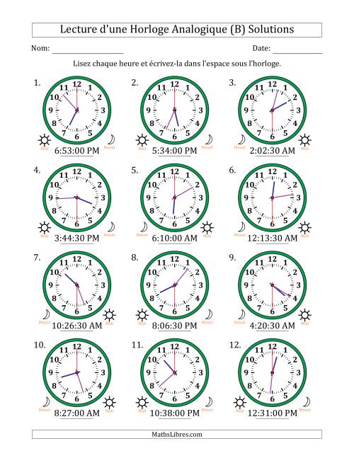 Lecture de l'Heure sur Une Horloge Analogique utilisant le système horaire sur 12 heures avec 30 Secondes d'Intervalle (12 Horloges) (B) page 2