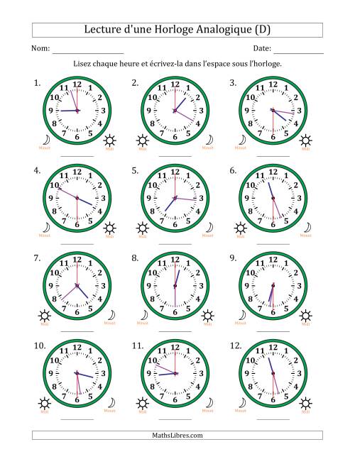 Lecture de l'Heure sur Une Horloge Analogique utilisant le système horaire sur 12 heures avec 30 Secondes d'Intervalle (12 Horloges) (D)