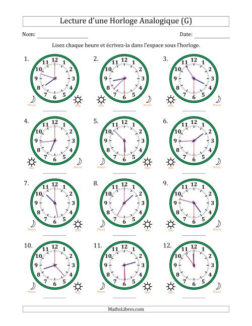 Lecture de l'Heure sur Une Horloge Analogique utilisant le système horaire sur 12 heures avec 30 Secondes d'Intervalle (12 Horloges) (G)