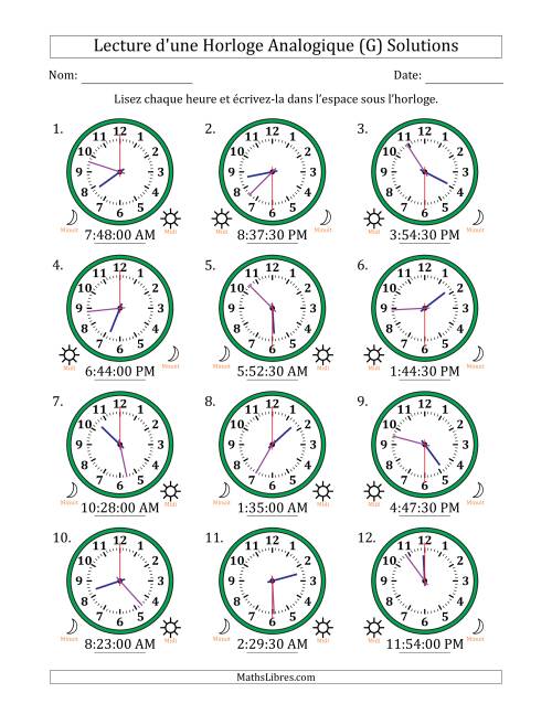 Lecture de l'Heure sur Une Horloge Analogique utilisant le système horaire sur 12 heures avec 30 Secondes d'Intervalle (12 Horloges) (G) page 2