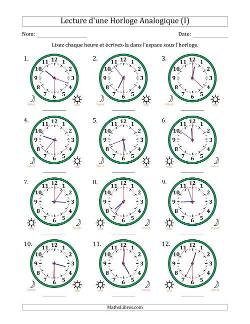 Lecture de l'Heure sur Une Horloge Analogique utilisant le système horaire sur 12 heures avec 30 Secondes d'Intervalle (12 Horloges) (I)