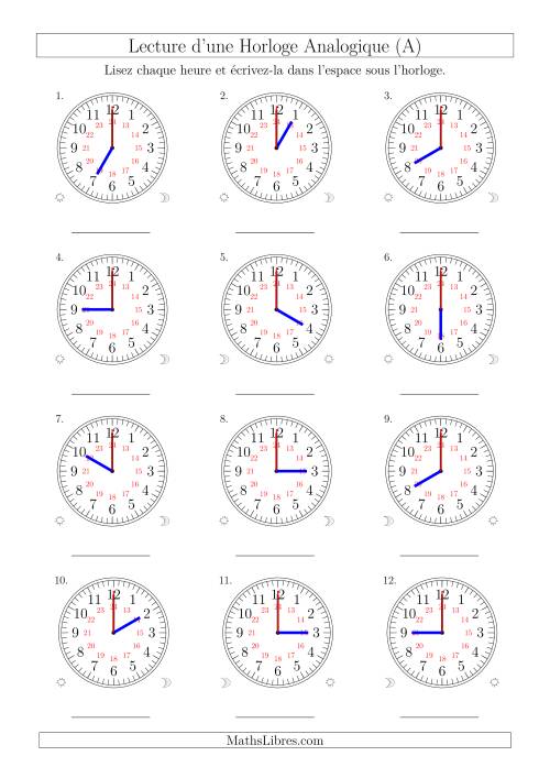 Lecture de l'Heure sur Une Horloge Analogique avec 60 Minutes  & Secondes d'Intervalle (12 Horloges) (A)