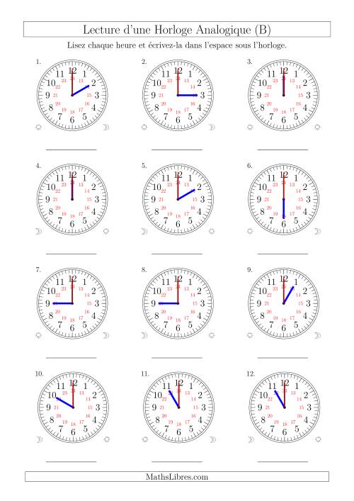 Lecture de l'Heure sur Une Horloge Analogique avec 60 Minutes  & Secondes d'Intervalle (12 Horloges) (B)