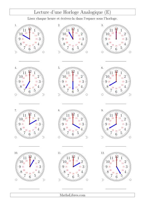 Lecture de l'Heure sur Une Horloge Analogique avec 60 Minutes  & Secondes d'Intervalle (12 Horloges) (E)