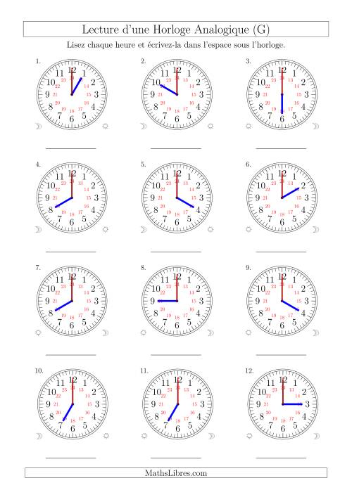 Lecture de l'Heure sur Une Horloge Analogique avec 60 Minutes  & Secondes d'Intervalle (12 Horloges) (G)