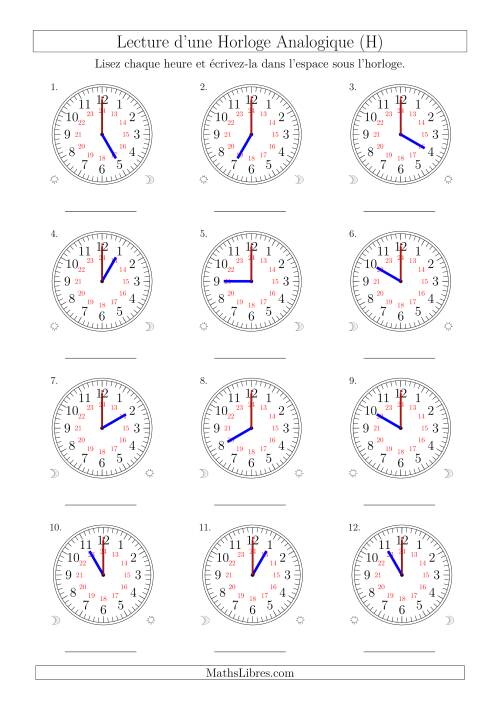 Lecture de l'Heure sur Une Horloge Analogique avec 60 Minutes  & Secondes d'Intervalle (12 Horloges) (H)