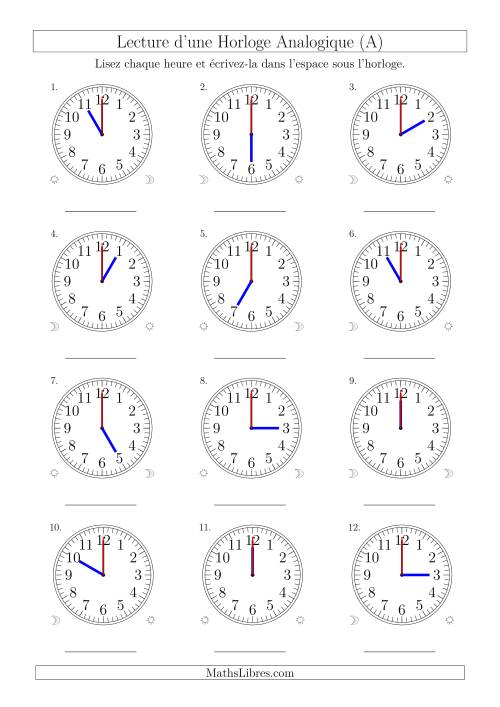 Lecture de l'Heure sur Une Horloge Analogique avec 60 Minutes & Secondes d'Intervalle (12 Horloges) (A)