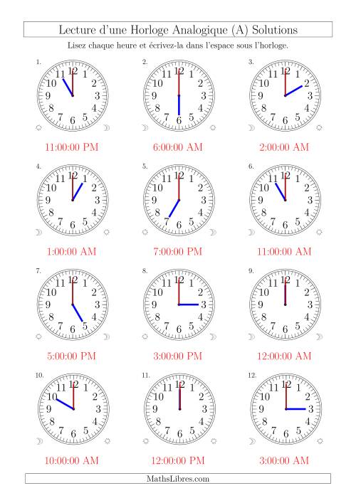 Lecture de l'Heure sur Une Horloge Analogique avec 60 Minutes & Secondes d'Intervalle (12 Horloges) (A) page 2