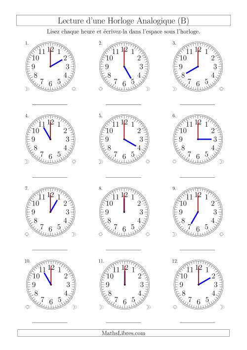 Lecture de l'Heure sur Une Horloge Analogique avec 60 Minutes & Secondes d'Intervalle (12 Horloges) (B)