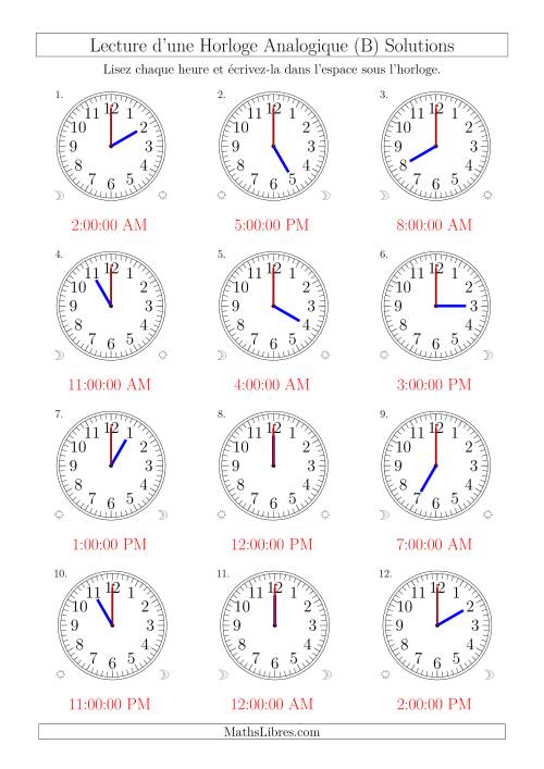 Lecture de l'Heure sur Une Horloge Analogique avec 60 Minutes & Secondes d'Intervalle (12 Horloges) (B) page 2
