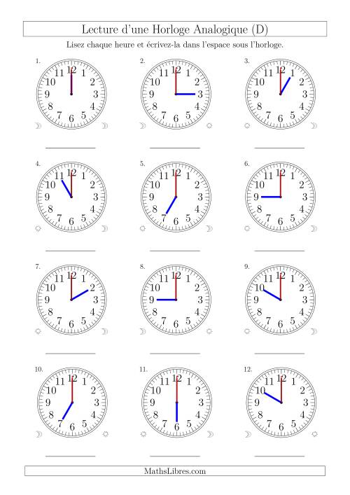 Lecture de l'Heure sur Une Horloge Analogique avec 60 Minutes & Secondes d'Intervalle (12 Horloges) (D)