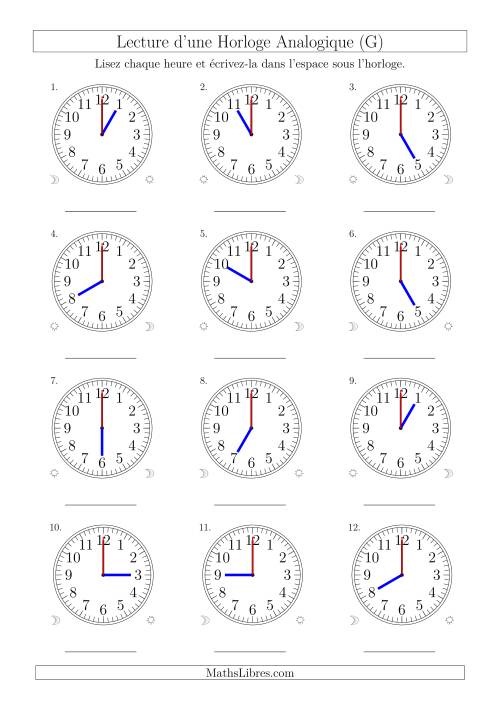Lecture de l'Heure sur Une Horloge Analogique avec 60 Minutes & Secondes d'Intervalle (12 Horloges) (G)